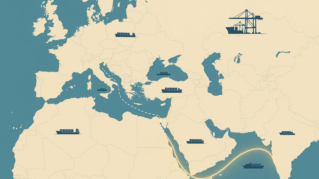 Map showing container ships rerouting around the Red Sea via the Cape of Good Hope toward Northern Europe, illustrating longer Asia–Europe transits.