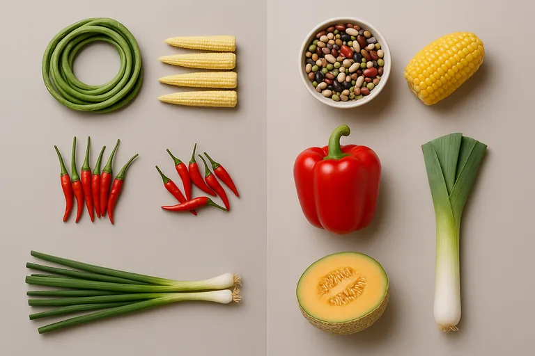 A clean comparison grid showing five misclassification pairs: long beans vs dried beans, baby corn vs a mature corn ear, bird’s eye chilies vs a bell pepper, green onions vs a leek, and a slender Japanese cucumber vs a netted melon, all on a neutral backdrop with soft overhead lighting.