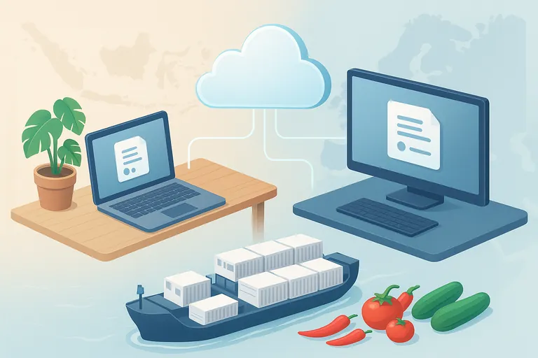 A clean, isometric illustration showing an exporter’s laptop in Indonesia connected through a central cloud hub to an EU workstation, with a container ship carrying refrigerated containers and produce icons below, and faint map outlines of Indonesia and Europe in the background.