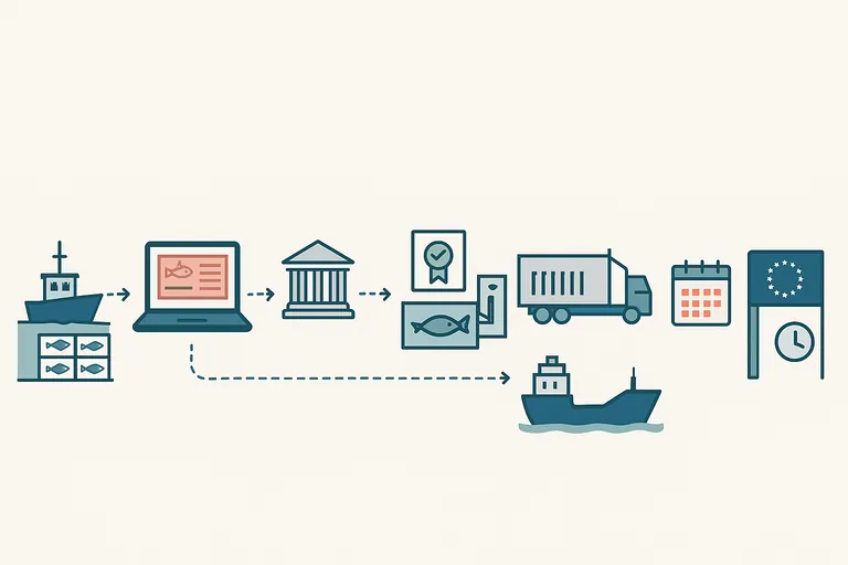A clean, left-to-right timeline illustration showing a fishing vessel landing, data entry on a laptop, government validation, plant certification, container loading and cargo ship departure, then calendar and clock icons leading to an EU border checkpoint symbol with a green clearance indicator.