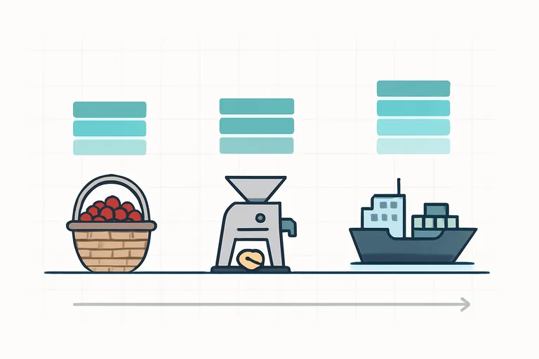 A clean timeline illustration showing coffee cherries, a hulling machine, and a cargo ship as three milestones, with layered translucent bars aligned to each milestone to depict a hedging ladder matched to payment dates.