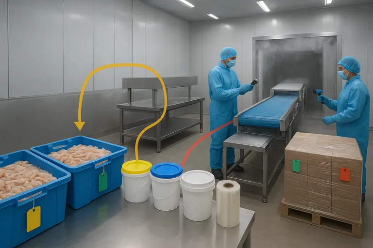 A clear, left-to-right visual of shrimp traceability: raw shrimp in blue crates with color-coded tags, additive buckets and packaging rolls feeding a batching table, then an IQF belt and finally a wrapped pallet of finished cartons; a technician scans a tag while another checks belt temperature.