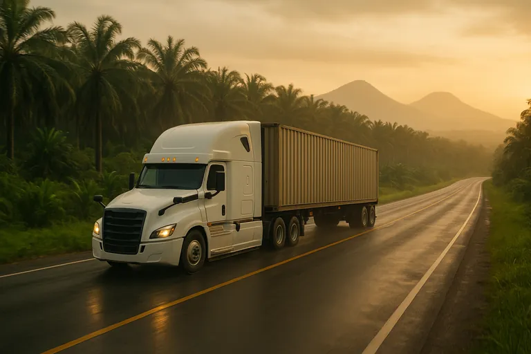 A container truck hauling green coffee drives along a palm-lined North Sumatran highway at dusk, symbolizing the overland run from Medan to Jakarta before loading at Tanjung Priok.