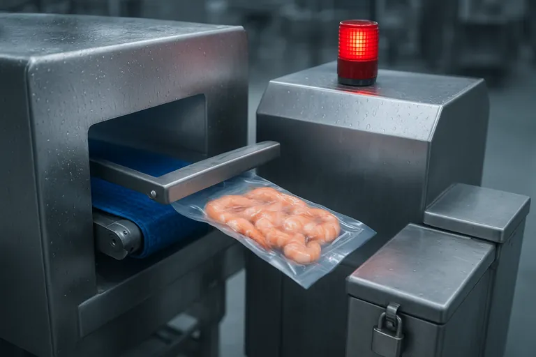 A conveyor metal detector rejects a vacuum-packed seafood unit into a locked bin as the red alarm beacon flashes.