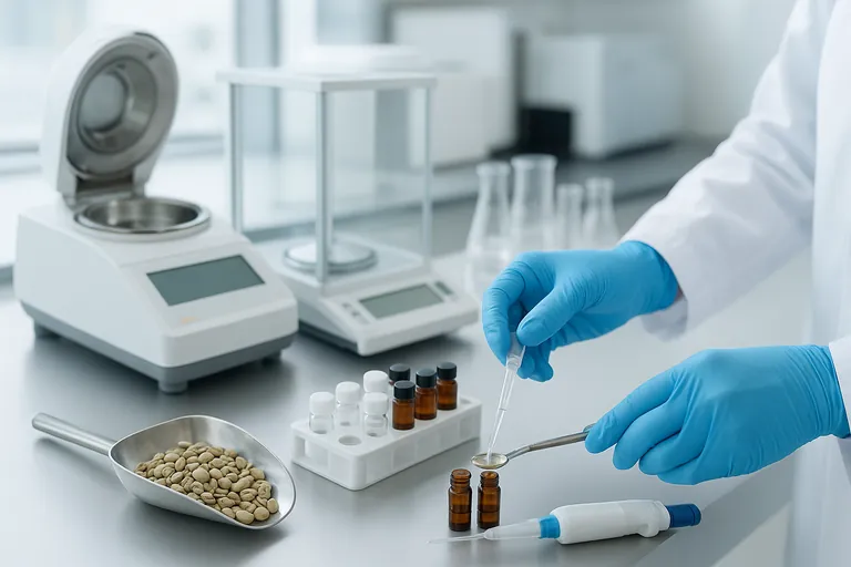 A food-testing lab scene where a technician in a white coat and blue gloves weighs green coffee beans and prepares extracts for moisture and Ochratoxin A testing using an analytical balance, a moisture analyzer, and HPLC sample vials.
