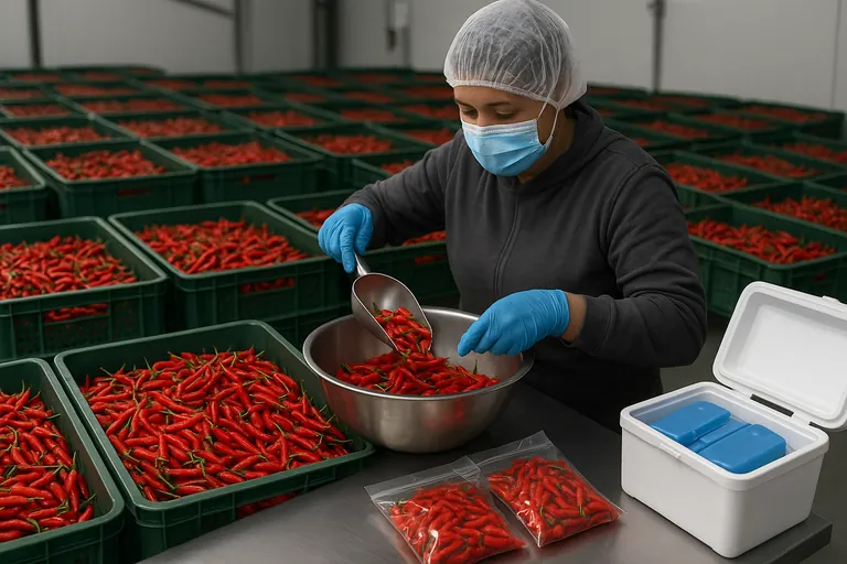 A gloved worker in a packing area collects small portions from multiple crates of fresh red chilies into a mixing bowl and fills two clear, sealed sample bags, one of which is placed into a cooler with reusable ice packs.