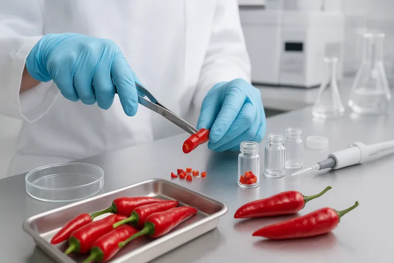 A laboratory technician’s gloved hands sampling red chili peppers into clear vials beside petri dishes and a pipette, with analytical instruments blurred in the background.