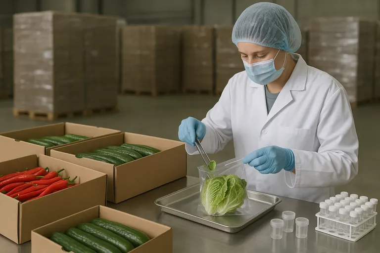 A quality technician in a packhouse composite-sampling chilies, cucumbers, and baby romaine from several open cartons, placing cut pieces into a sterile sampling bag on a stainless tray, with stacked pallets in the background.