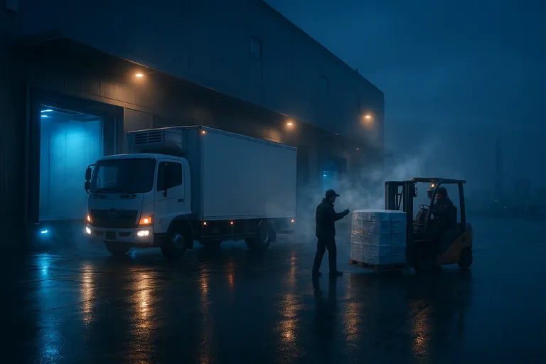 A refrigerated truck backs into a Tokyo cold-storage loading bay before dawn as workers in insulated gear move pallets of frozen seafood under blue dock lights, with cool vapor drifting in the air.