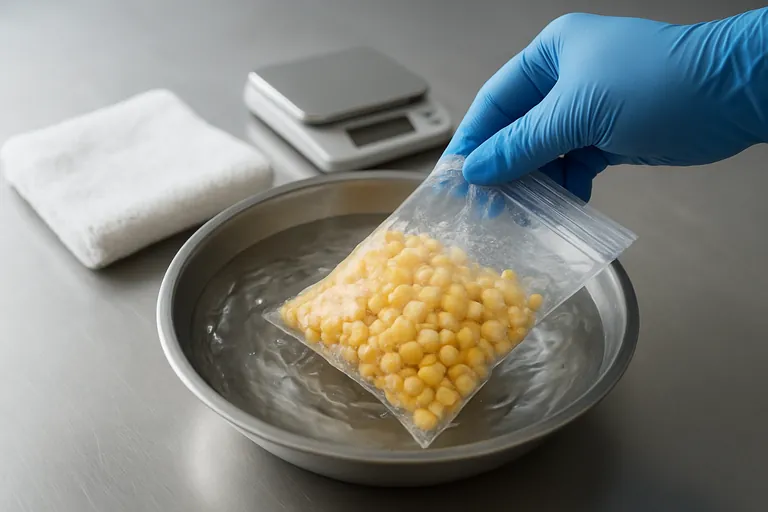 كيس مختوم من الذرة المجمدة يُعوَّم بلطف في حمام ماء بارد بينما يد مرتدية قفاز تحركه؛ بالقرب منه منشفة مطوية، صينية صغيرة، ومقياس رقمي مدمج، توضح إعداد التحقق السريع من الطلاء الجليدي عند الاستلام.