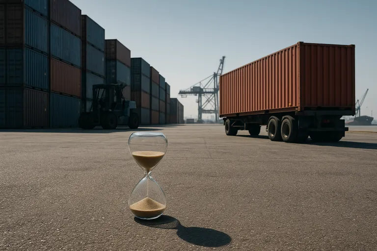 A single loaded shipping container waiting in a crowded port yard beside an oversized hourglass casting a long shadow, symbolizing time pressure that leads to demurrage and detention.