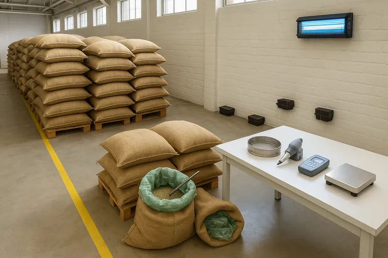 A spotless warehouse inspection prep area with stacked jute coffee bags on pallets, two open sample bags with liners, a sampling probe, sieve and aspirator laid out, a moisture meter and scale on a bench, and discreet rodent and insect traps along the wall.