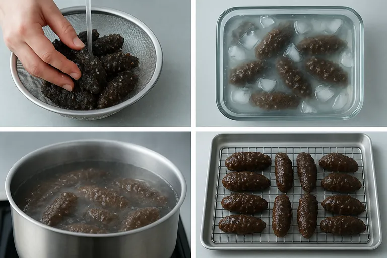 A step-by-step visual of the standardized soak test: rinsing dried sea cucumbers, chilling in iced brine, a gentle hot brine cook without a rolling boil, and final draining on wire racks with plump, intact pieces.