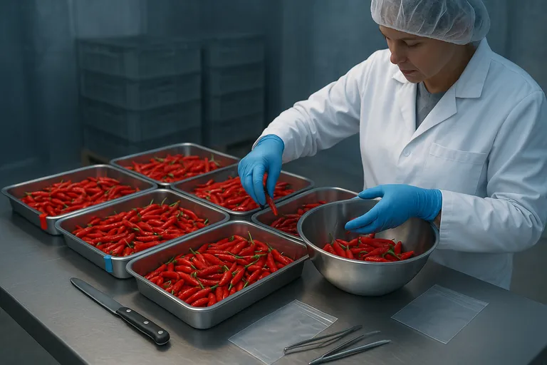 Техник в защитной одежде случайным образом отбирает перцы чили из нескольких лотков и объединяет их в одну композитную миску на нержавеющей поверхности внутри охлаждаемого упаковочного помещения.