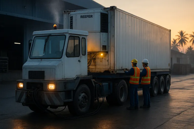 Ein Lkw, der einen 40‑Fuß‑Kühlcontainer mit angeclipstem Generator transportiert, verlässt bei Dämmerung eine Meeresfrüchte‑Verarbeitungsanlage, während Arbeiter die Container­türen versiegeln.
