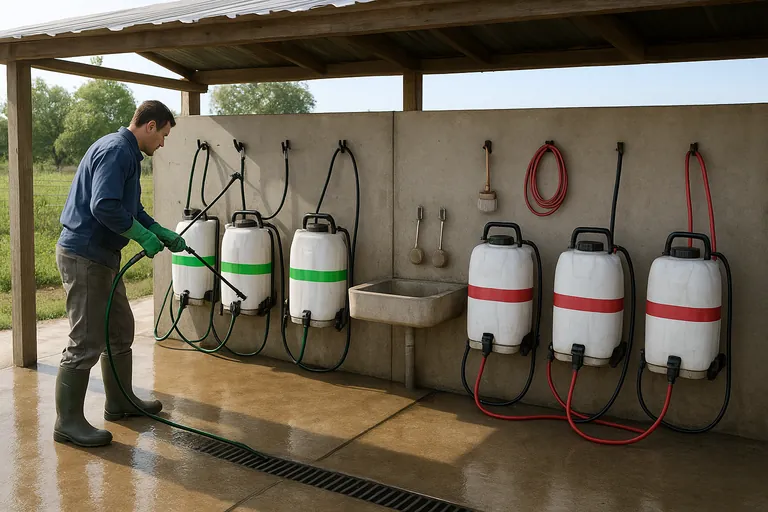 A wash station with clearly separated backpack sprayers: green-banded units for organic use and red-banded units for conventional use, hoses and brushes laid out, a simple barrier between sections, and a clean floor with a drainage channel.