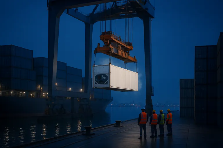 A white refrigerated container being lifted by a gantry crane between two cargo ships at dusk in a modern Asian transshipment port, emphasizing sealed, cold-chain movement under control.