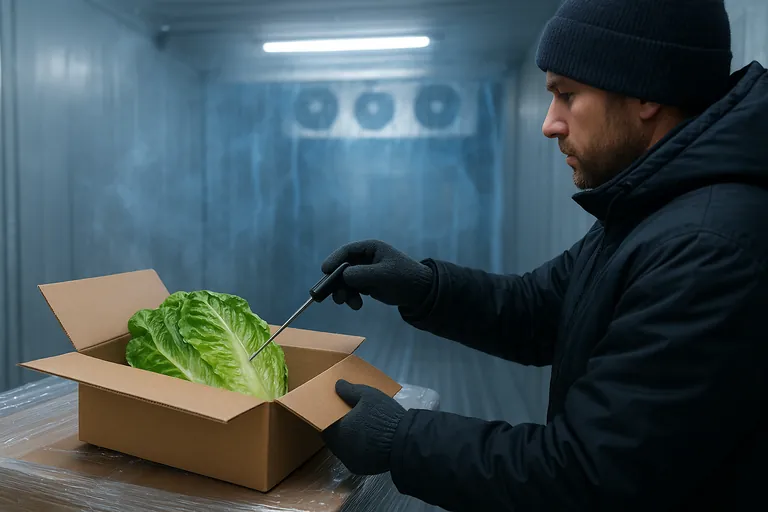 A worker in an insulated jacket checks the core temperature of romaine lettuce with a probe thermometer beside an open refrigerated container, with a cold air curtain and faint condensation visible as pallets are readied for loading.