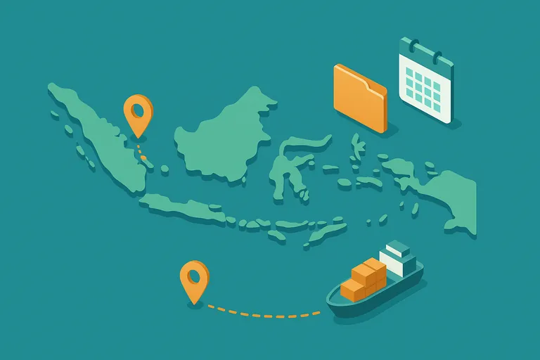 Abstract map of Indonesia highlighting Belawan and Tanjung Priok with dashed sea routes to a container ship; a document folder icon and a minimalist calendar icon suggest aligning payment timing and forward maturity.