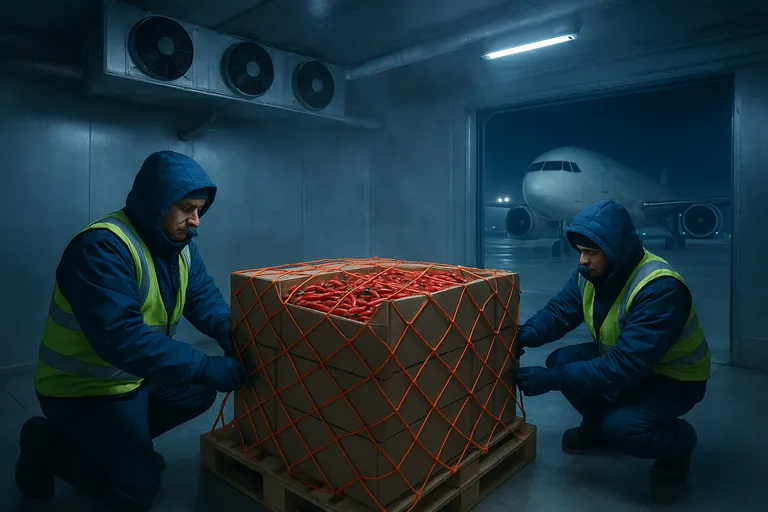 Air-cargo pallet of fresh red cayenne pepper cartons being netted inside an airport cold room, with cool mist, frosted pipes, and a cargo aircraft visible through the loading bay.