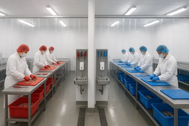 Allergen control in a seafood plant: a shrimp processing zone with red tools separated from a fish-only zone with blue tools, divided by a clear strip curtain and floor markings, with handwash and sanitizer stations between them.