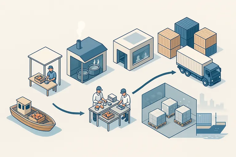 An infographic-style visual of the crab supply chain: small fishing boat, dockside collector, miniplant, processor, export container and ship, then a US cold-storage warehouse, linked by a curving arrow.