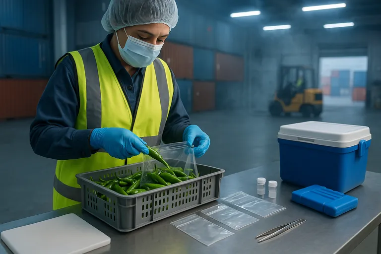 インドの港の冷蔵保管ベイで、安全ベストと手袋を着用した検査官が開口箱から生の青唐辛子を採取し、無地の滅菌バッグにポッドを入れ、クーラーと検査キットの横に置いている。背景にはぼやけたコンテナやフォークリフトが見える。