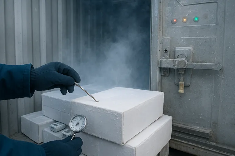 At destination, a surveyor in cold-weather gear checks a reefer container: a gloved hand inserts a probe thermometer into a carton while cold vapor spills from the frosty interior; an intact metal bolt seal hangs from the door latch and small data loggers are visible among the boxes.