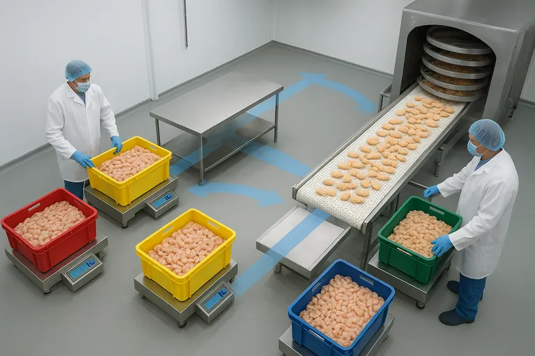 Bird’s-eye view of a transformation step: multiple color-coded totes of raw shrimp, each being weighed on separate stainless scales, feed onto a single breading conveyor that leads into a spiral freezer, visually linking several inputs into one finished batch.