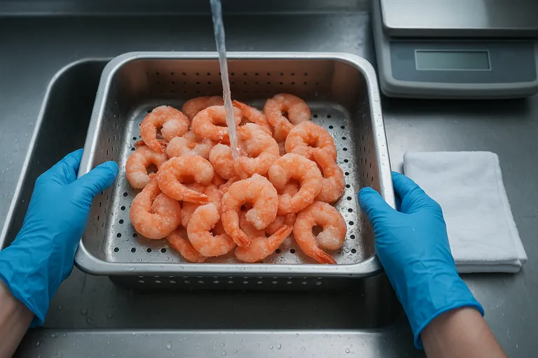 Blue‑gloved hands rinsing frozen shrimp in a perforated tray under cold water to melt the protective ice glaze before draining