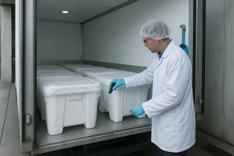 Clean ice delivery at a loading bay: a sanitary truck with covered, lined bins of ice, a worker in PPE checking the ice core with a probe thermometer, and a dry floor with a nearby drain channel.