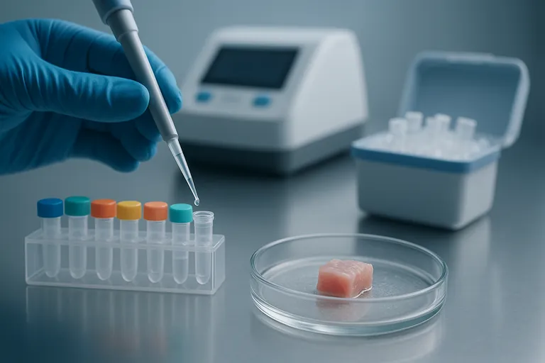 Clinical lab bench close-up showing gloved hands pipetting a clear solution into a microtube beside a small piece of snapper tissue in a petri dish, with a thermocycler and ice-packed cooler in soft focus—illustrating DNA barcoding for species verification.