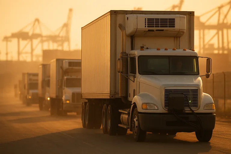Clip-on genset powering a refrigerated container on a truck in a queue outside a port, with cranes blurred in the background under warm late-afternoon tropical light.