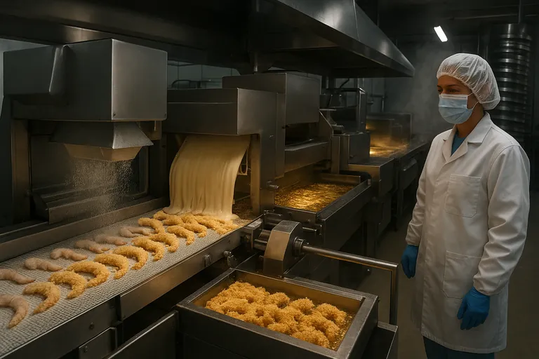 Close, three-quarter angle of a breaded shrimp process line highlighting key stages: pre-duster, batter applicator, breader, continuous fryer, and the outfeed leading toward a spiral freezer, with an inline metal detector near the transfer point.