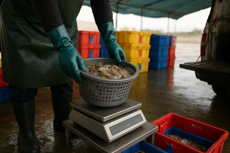 تفصيل عند منطقة جمع بجانب المزرعة حيث يضع عامل يرتدي مئزر وقفاز سلة من الروبيان الطازج على ميزان طاولة من الفولاذ المقاوم للصدأ؛ صفوف منفصلة من الصناديق المعزولة باللون الأزرق والأحمر والأصفر، كل منها مؤمن بعلامات ملونة متطابقة للحفاظ على فصل الدُفعات؛ يتلألأ الجليد المسحوق بينما تقف بوابة سقف نقل مفتوحة وأرضية خرسانية متجمعة المياه في ضوء صباحي ناعم.