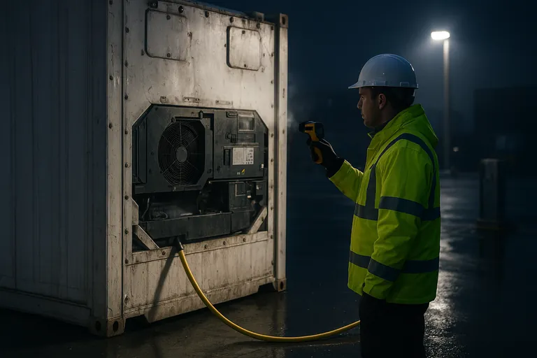 Close-up at night of a refrigerated container plugged into terminal shore power with a thick yellow cable while a technician in high-visibility gear checks the unit with an infrared thermometer; cold vapor and floodlights reflect off wet pavement.