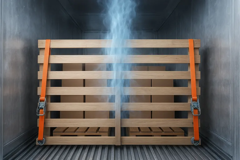 Close-up from the door end of a reefer showing a slatted dunnage gate strapped to lashing rings, maintaining a vertical door gap so cold air can rise, with palletized frozen cartons just behind it and open T-floor channels below.