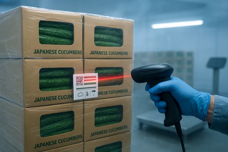 Close-up in a chilled warehouse of a pallet of Japanese cucumbers with clear labels, colored marks, and a pallet ID tag, as a gloved hand scans a code—illustrating the precise package and lot details needed for box I.31.