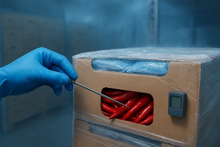 Close-up in a cold room of a gloved hand inserting a probe thermometer into the vent of a carton of fresh red cayenne peppers on a wrapped pallet, with cold vapor and gel packs visible.