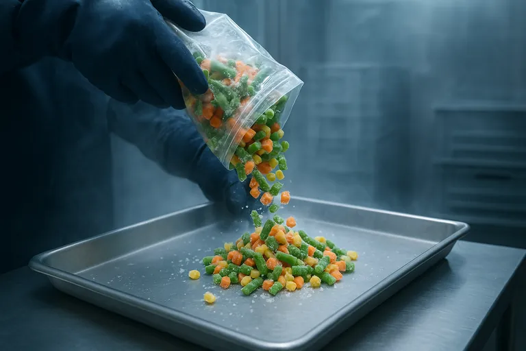 Close-up in a cold room of gloved hands pouring a bag of frozen mixed vegetables onto a stainless tray from a short height. Pieces scatter with a few small clumps visible, frost and cold vapor in the air, bright cool lighting.
