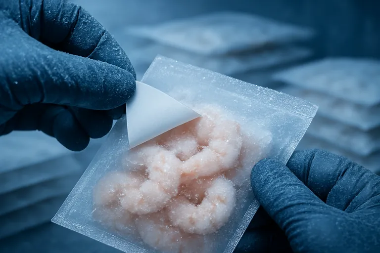 Close-up in a cold room of gloved hands trying to lift the corner of a white adhesive patch on a frosty frozen shrimp pouch, illustrating a peel test.