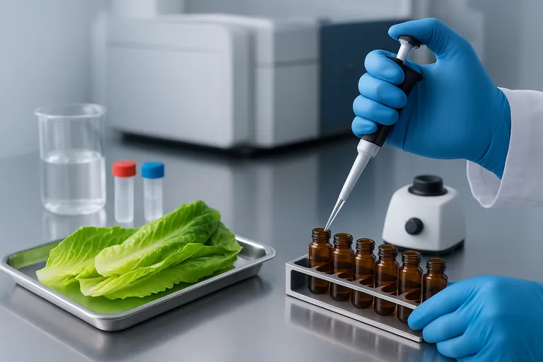 Close-up in a modern food safety lab: gloved hands pipetting an extract from leafy greens into small autosampler vials beside a mass spectrometer, with romaine leaves and neatly arranged labware on a stainless bench.