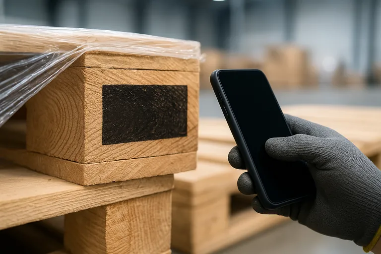 Close-up in a warehouse of a coffee pallet corner block with a clear inked marking area visible above the deck board and not hidden by stretch wrap, as a gloved hand holds a smartphone to document it.