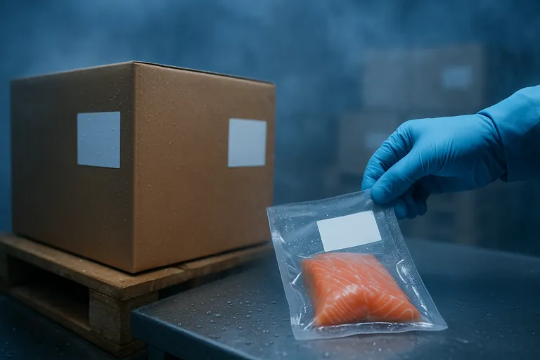 Close-up in cold storage showing an export carton with blank white labels on two adjacent sides and a vacuum-packed fillet where a gloved hand is placing a small blank white label; frosty air and stacked cartons blur in the background
