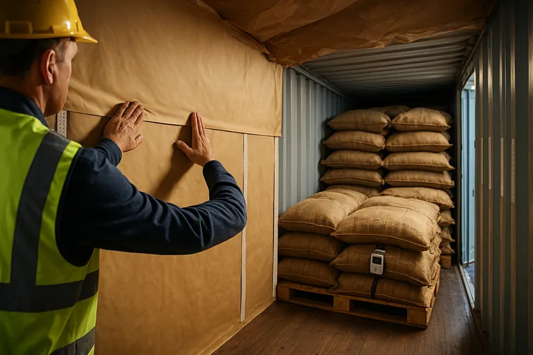 Close-up inside a coffee container during stuffing: kraft paper liner being fitted, desiccant strips hung along the walls, cross‑stacked jute bags on pallets with a small gap from the steel walls, a compact data logger secured mid‑container, and dunnage filling the top void.
