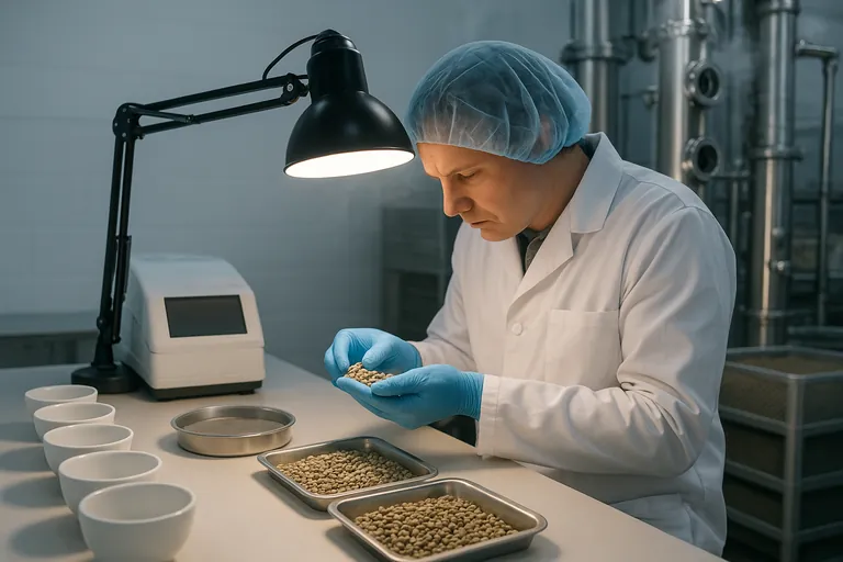 Close-up inside a decaffeination facility showing a technician inspecting coffee beans at a lab bench beside extraction columns emitting faint steam and resting bins for stabilization.