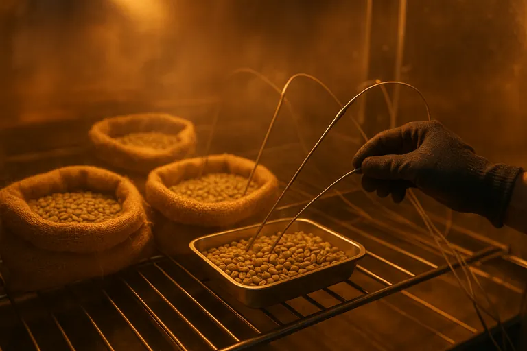 Close-up inside a heat treatment chamber showing thermocouple probes inserted deep into green coffee beans in open jute sacks, with warm glow and slight heat haze.