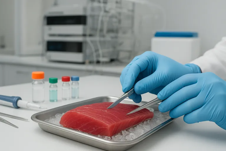 Close-up lab scene of a technician sampling a tuna fillet and filling vials beside an HPLC system, illustrating third-party testing to release detained shipments.