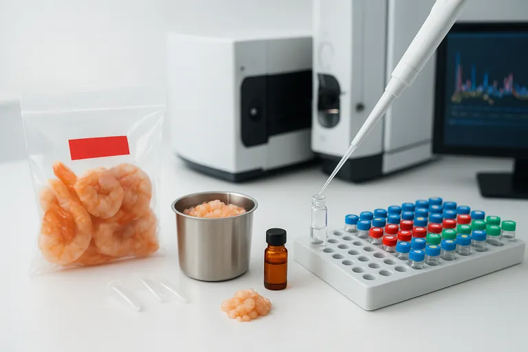 Gros plan en laboratoire montrant le flux de travail pour le test de résidus : un sac d'échantillon de crevettes scellé, une petite coupe d'homogénéisateur avec un échantillon haché, un flacon de réactif ambre, des microtubes de centrifugeuse, une pipette au-dessus d'un plateau d'autosampler contenant des fioles, et l'instrument LC-MS/MS dans un laboratoire lumineux et propre.