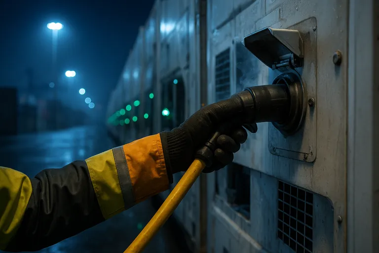 Close-up nighttime scene of a worker’s gloved hand plugging a heavy-duty power cable into a refrigerated container in a yard of reefer units, with rows of green indicator lights and faint vapor from the cooling unit, cranes blurred in the background.